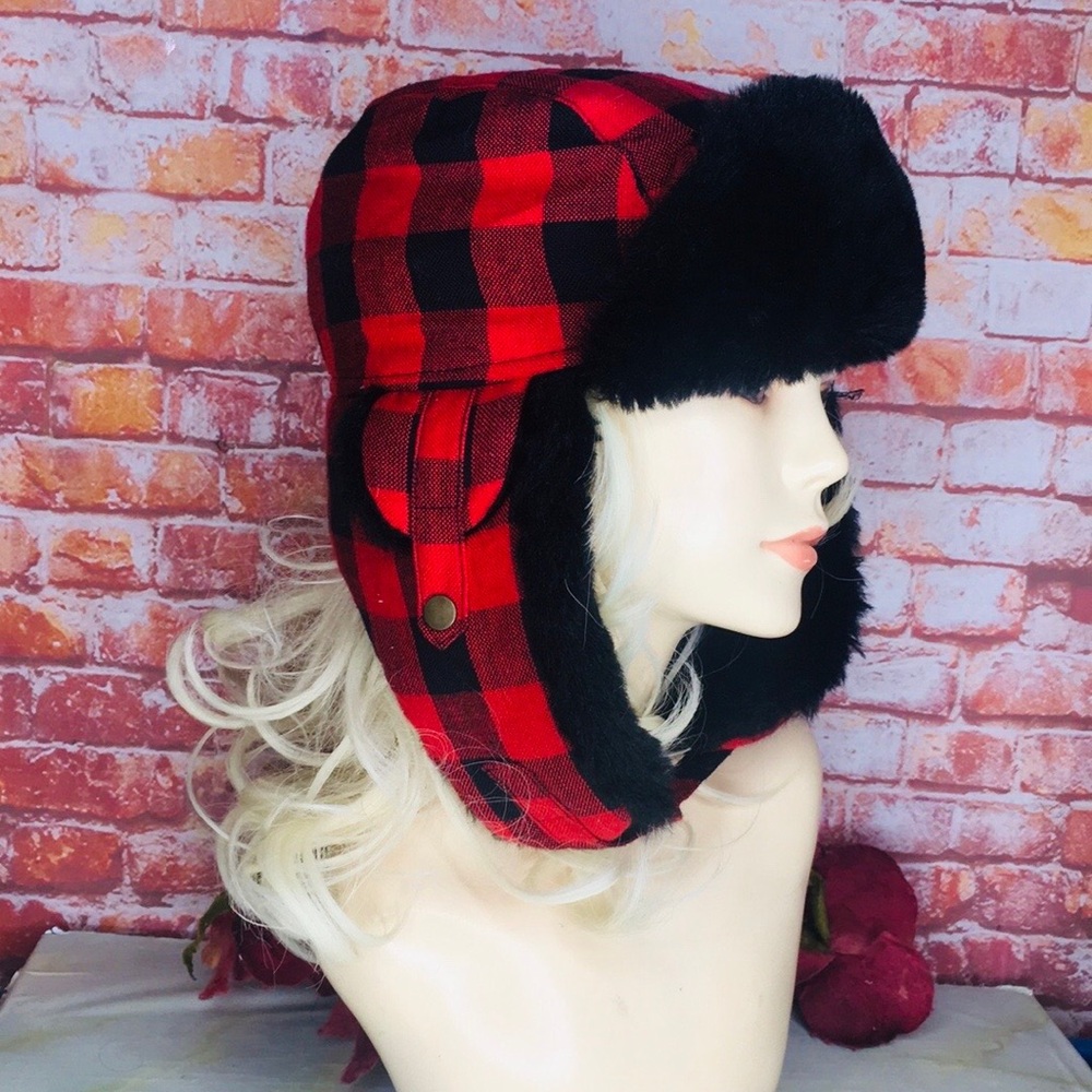 Red Black and Red Buffalo Plaid Trapper Hat with Faux Fur Trim
